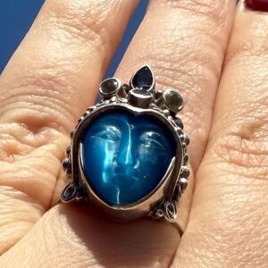 Vintage Sajen Sterling Silver Blue Goddess Face Ring – Artisan Boho Statement